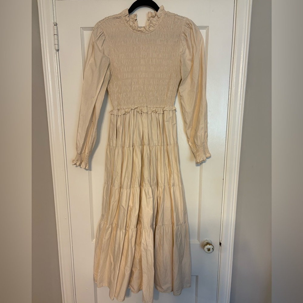 Karlie Cream Long Sleeve Smocked Dress